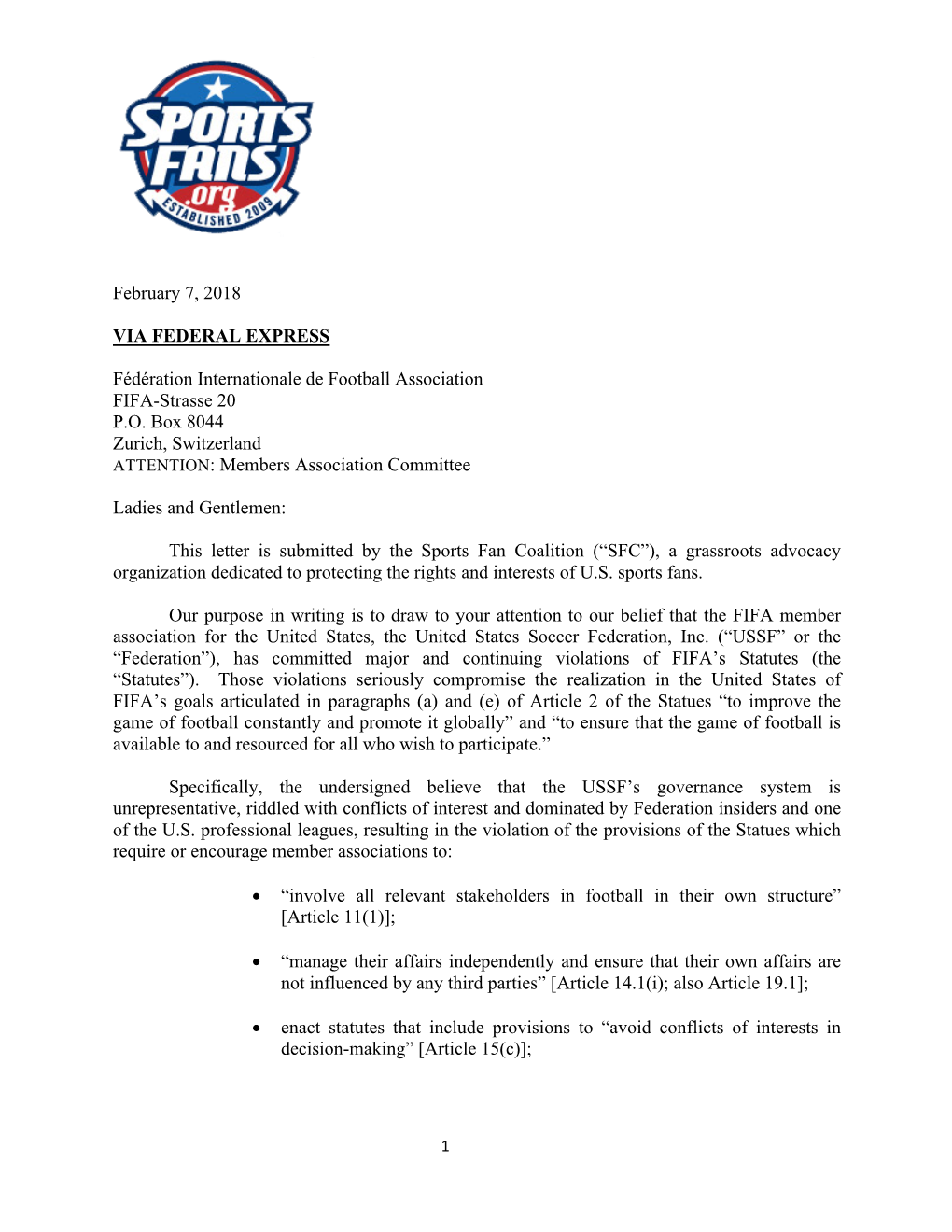 2018 02 07 FIFA Letter Re Governance of USSF FINAL