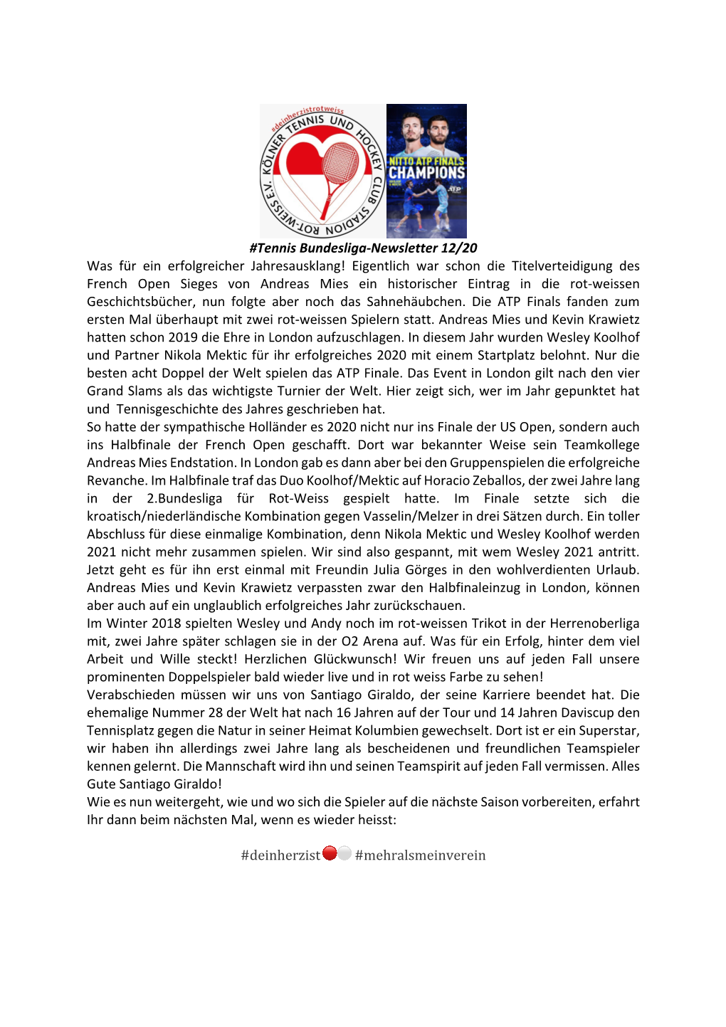 Tennis Bundesliga-Newsletter 12/20 Was Für Ein Erfolgreicher Jahresausklang! Eigentlich War Schon Die Titelverteidigung Des Fr