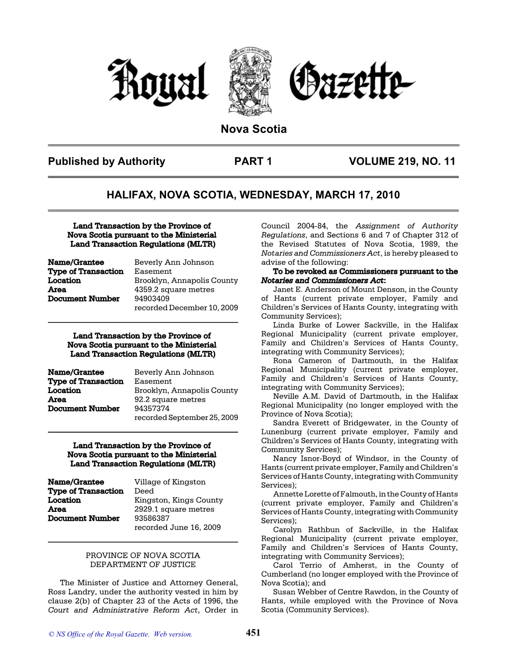 NS Royal Gazette Part I