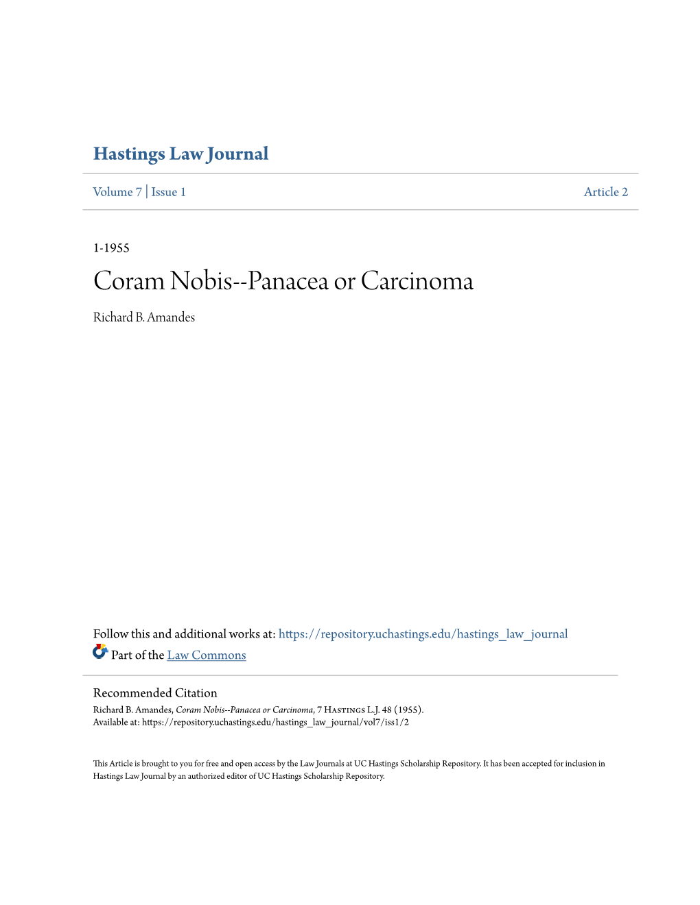 Coram Nobis--Panacea Or Carcinoma Richard B