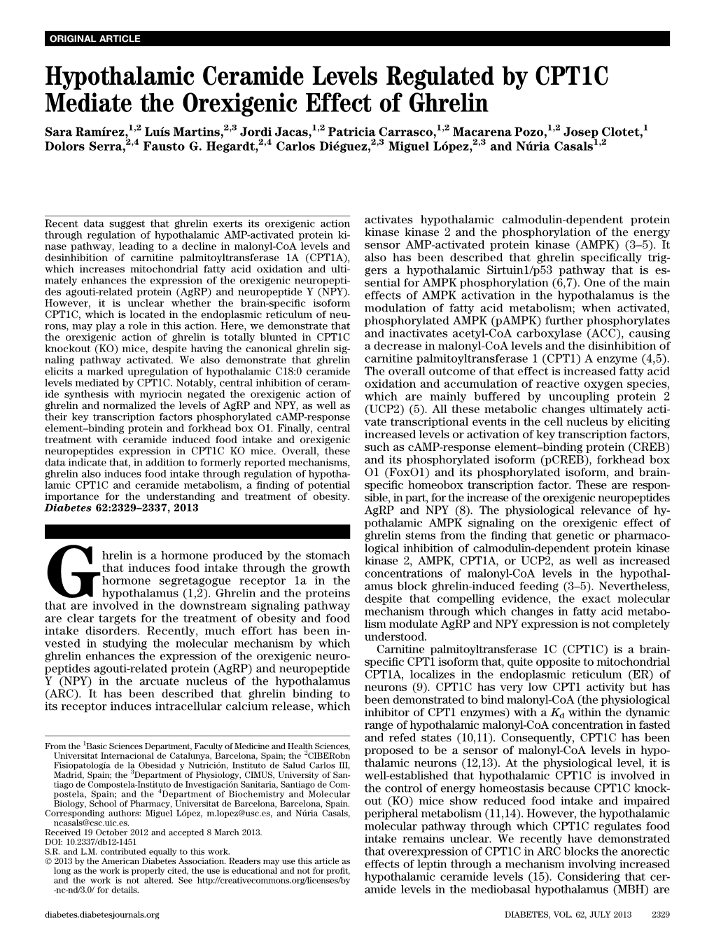 Hypothalamic Ceramide Levels Regulated by CPT1C Mediate The