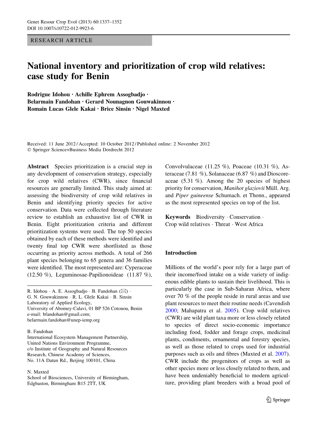 National Inventory and Prioritization of Crop Wild Relatives: Case Study for Benin