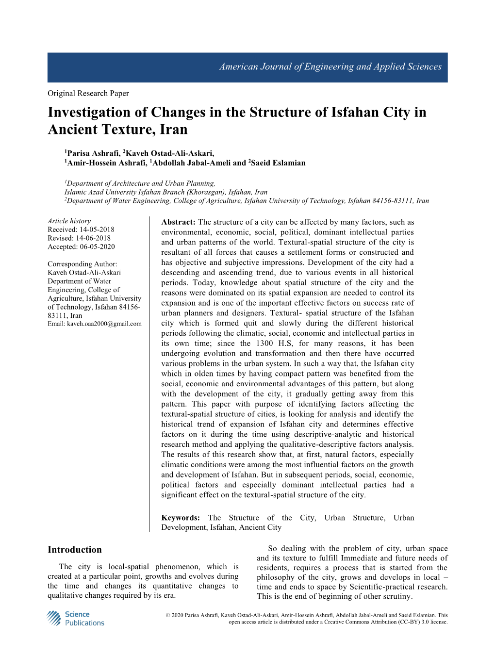 Investigation of Changes in the Structure of Isfahan City in Ancient Texture, Iran