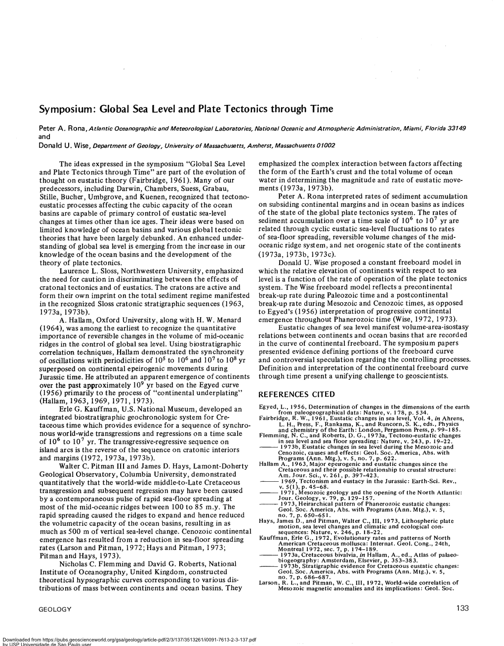 Symposium: Global Sea Level and Plate Tectonics Through Time