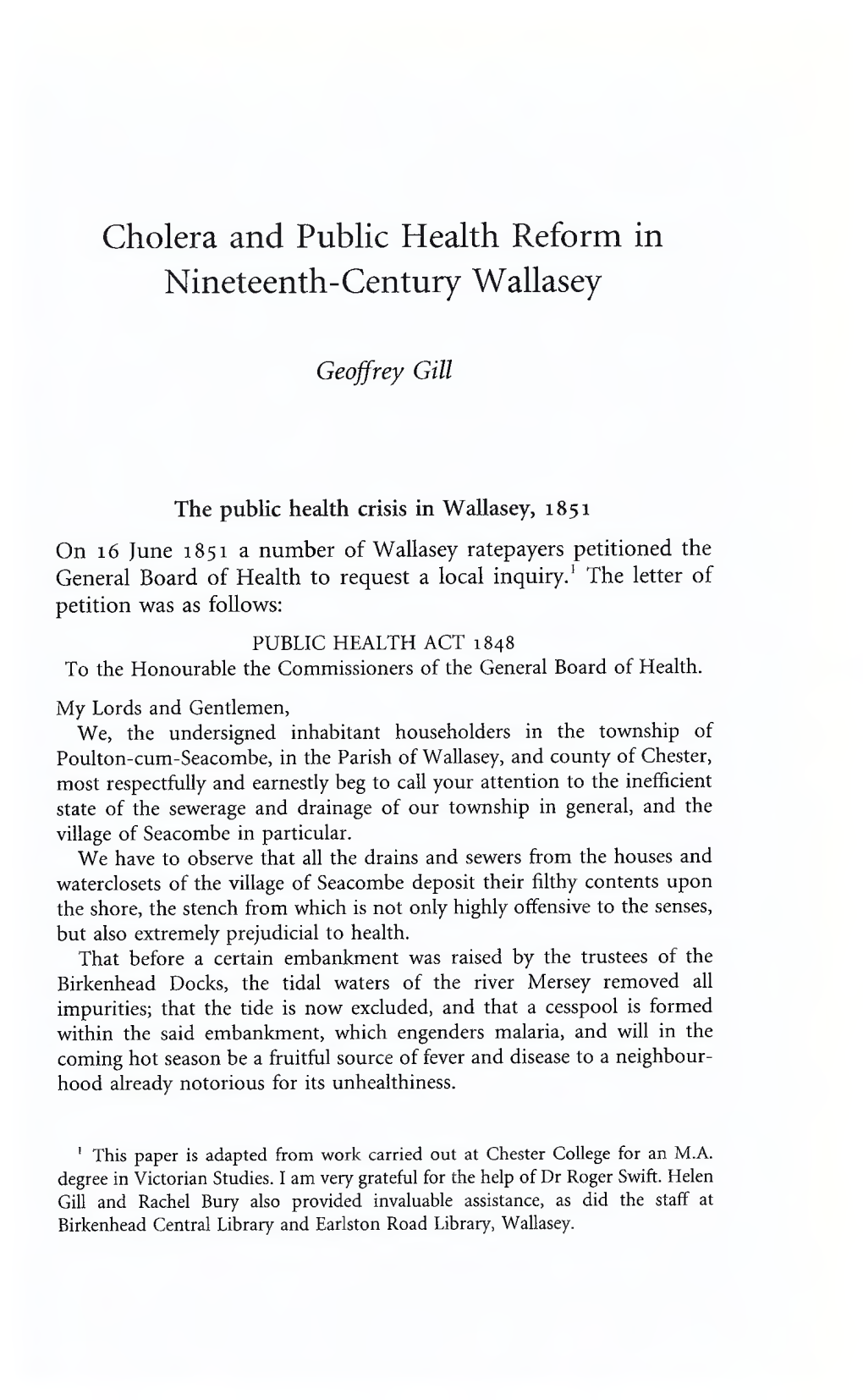 Cholera and Public Health Reform in Nineteenth-Century Wallasey