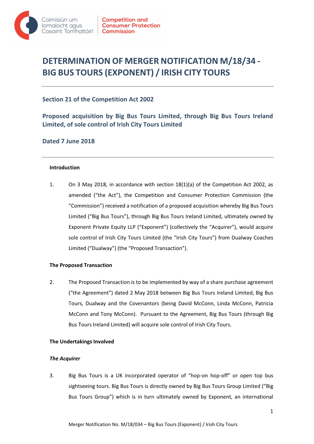 M-18-034 Determination Big Bus Tours -Irish City Tours