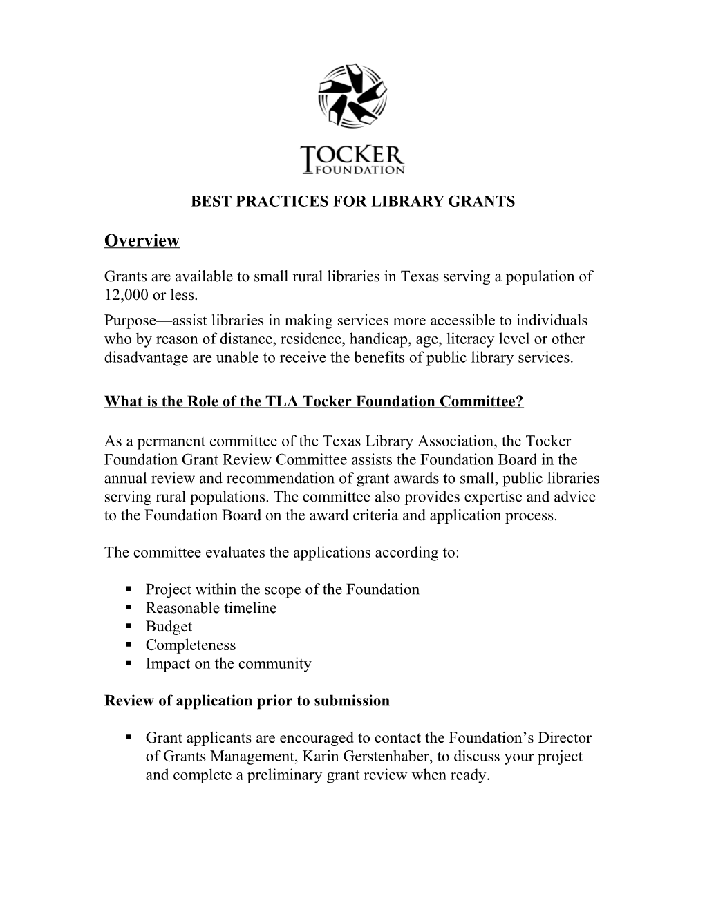 Best Practices for Tocker Foundation Grants