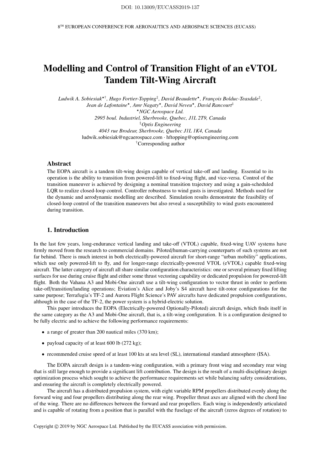 Modelling and Control of Transition Flight of an Evtol Tandem Tilt-Wing Aircraft