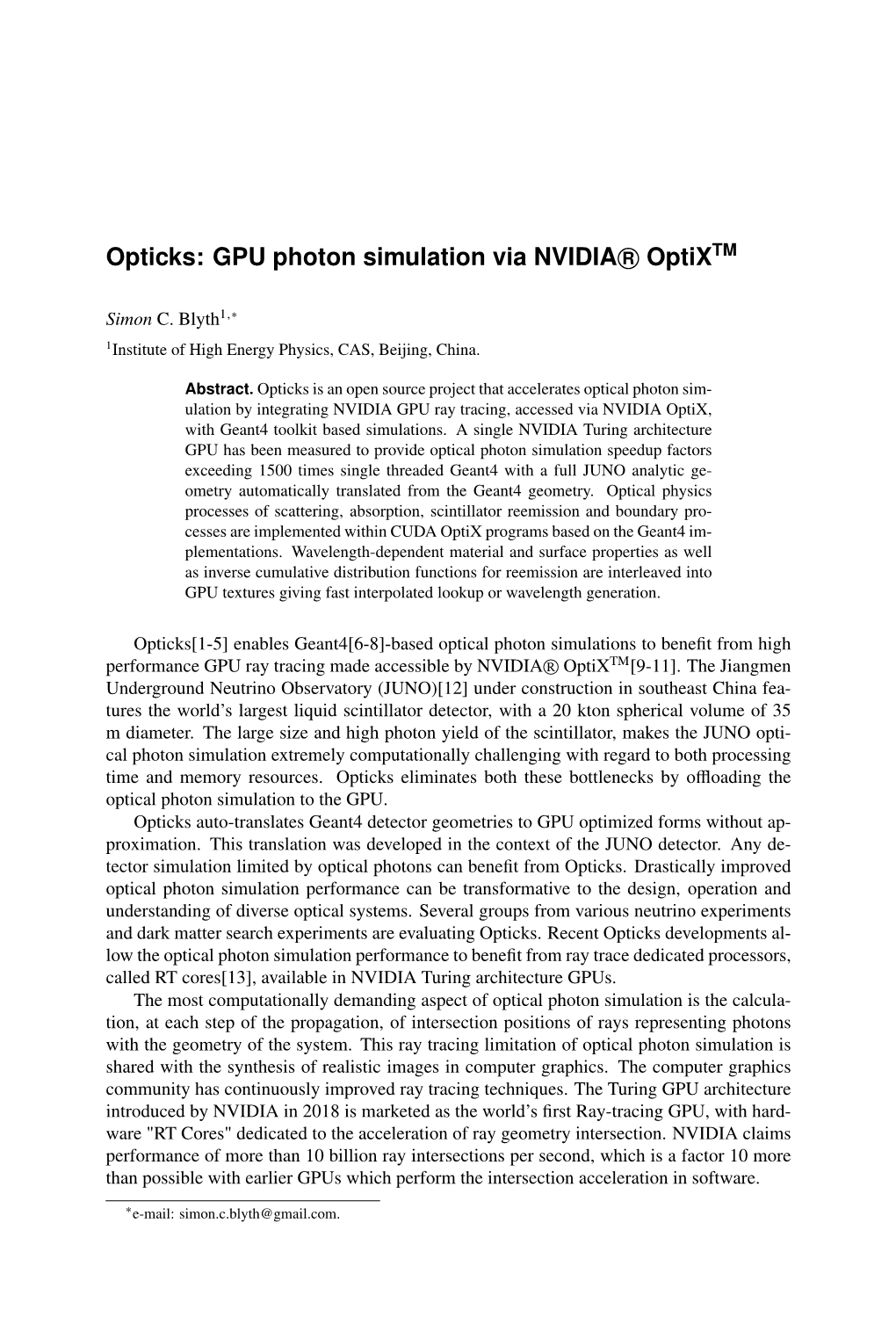 Opticks: GPU Photon Simulation Via NVIDIA R Optixtm