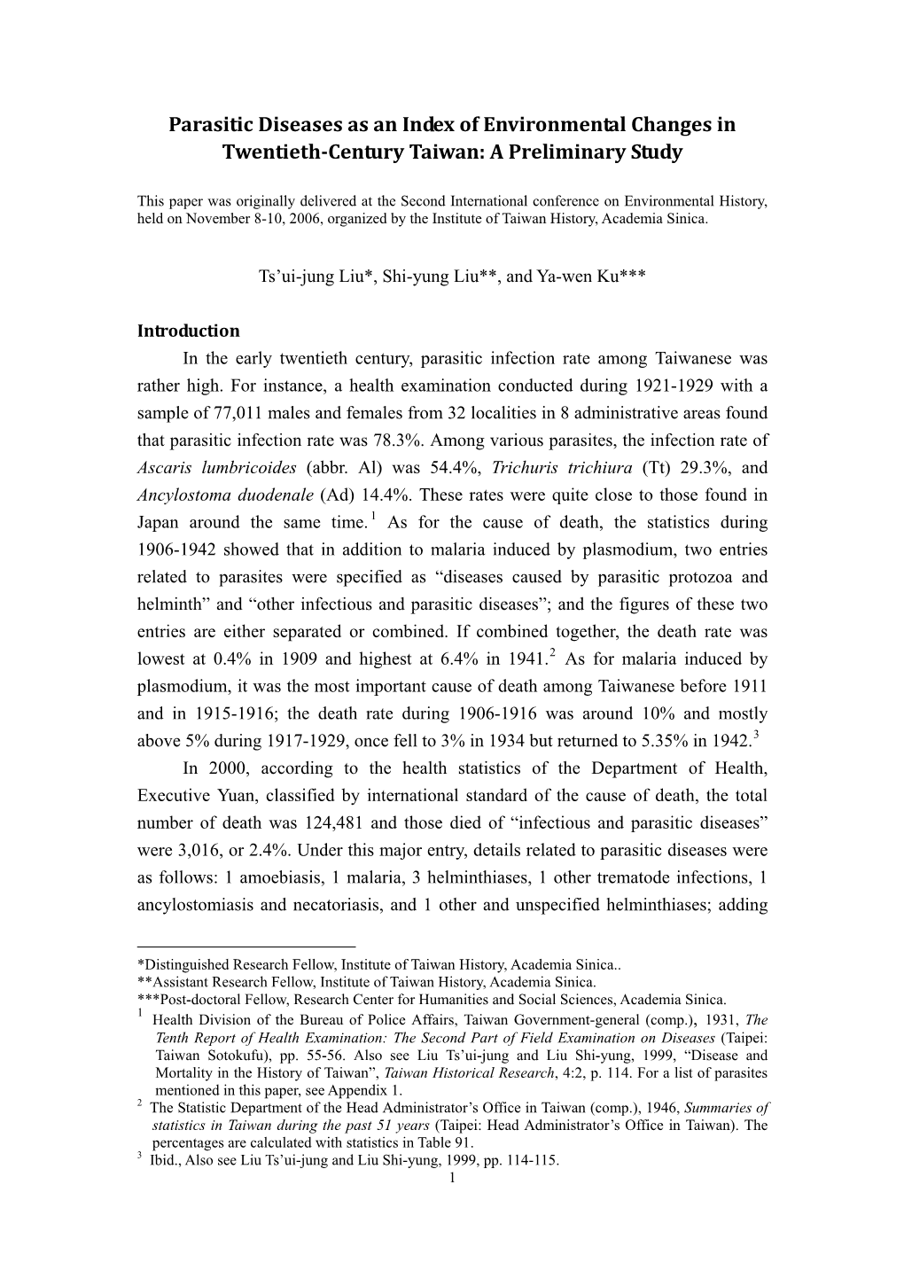 Parasitic Diseases As an Index of Environmental Changes in Twentieth-Century Taiwan: a Preliminary Study