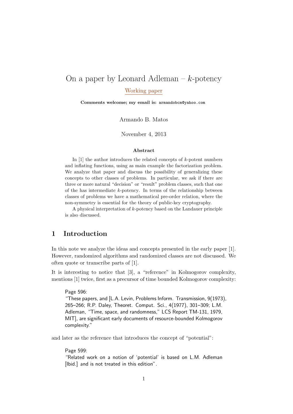 On a Paper by Leonard Adleman – K-Potency Working Paper
