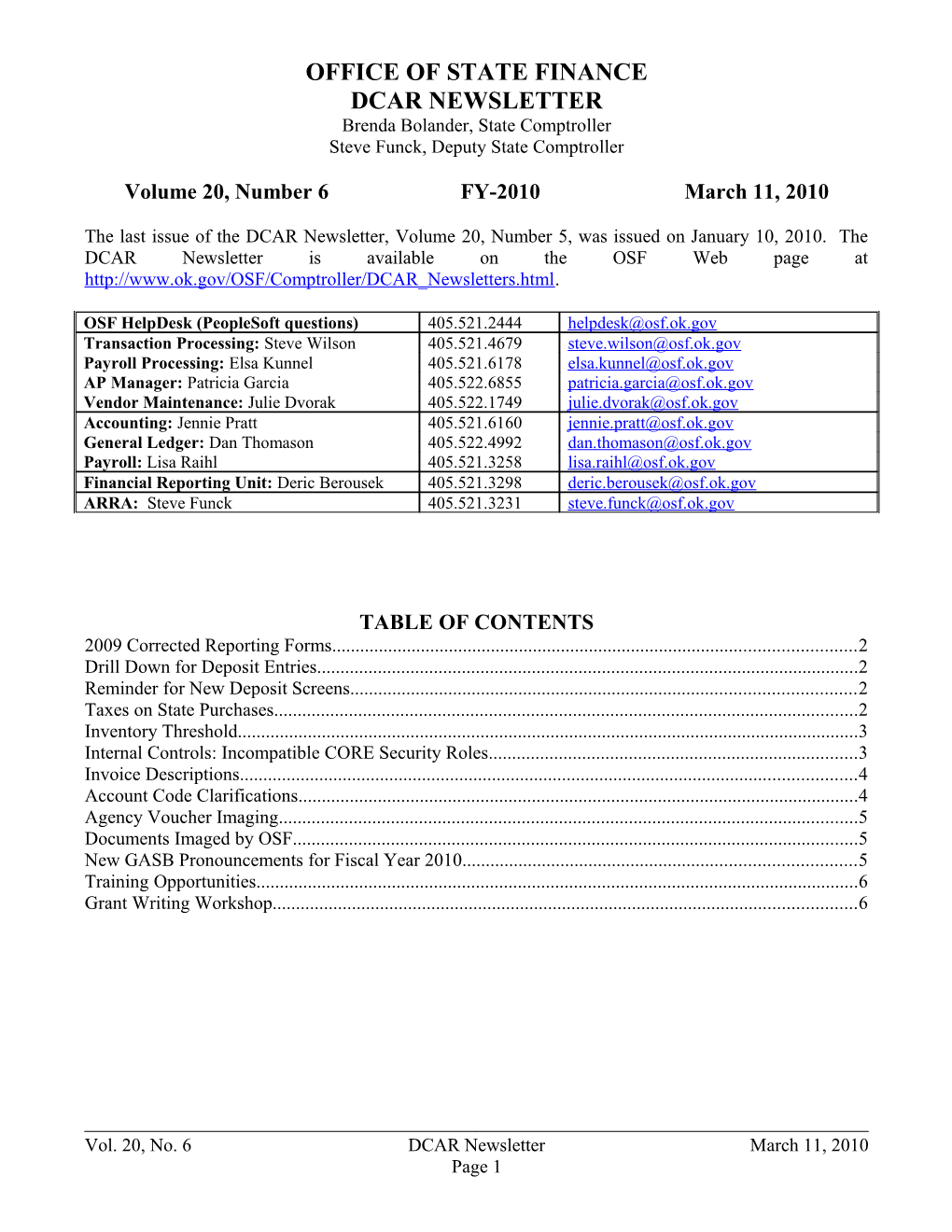 Office of State Finance DCAR Newsletter, March 2010