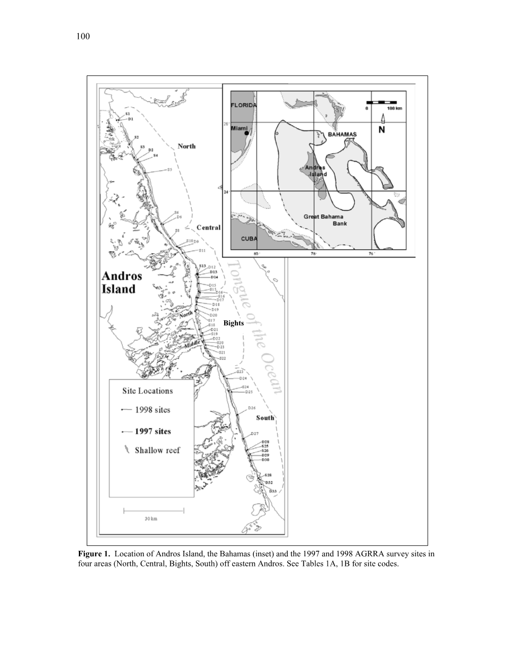 Figure 1. Location of Andros Island, the Bahamas (Inset) and the 1997 and 1998 AGRRA Survey Sites in Four Areas (North, Central, Bights, South) Off Eastern Andros