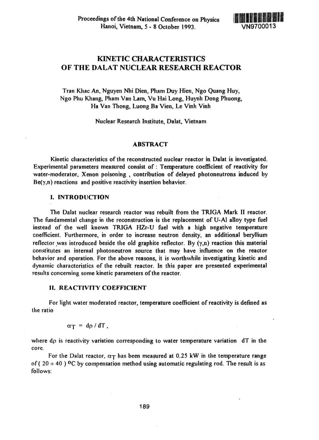 Kinetic Characteristics of the Dalat Nuclear Research Reactor