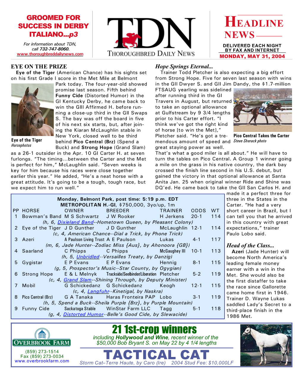 TACTICAL CAT Storm Catsterre Haute, by Caro (Ire) 2004 Stud Fee: $10,000LF TDN P HEADLINE NEWS • 5/31/04 • PAGE 2 of 9