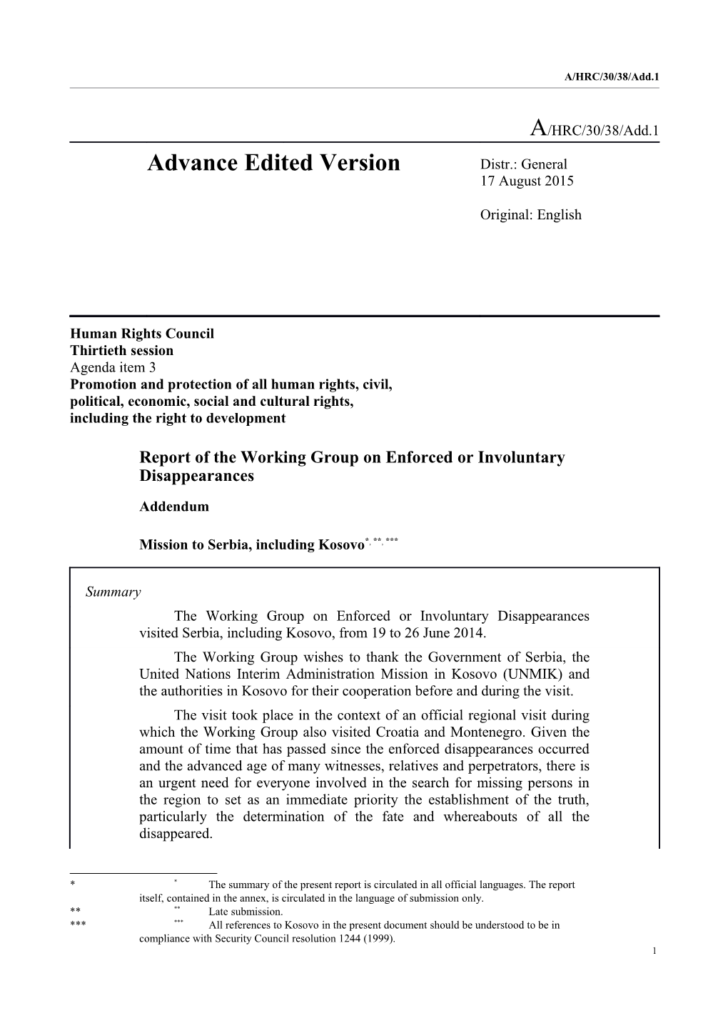 Report of the Working Group on Enforced Or Involuntary Disappearances - Addendum - Mission