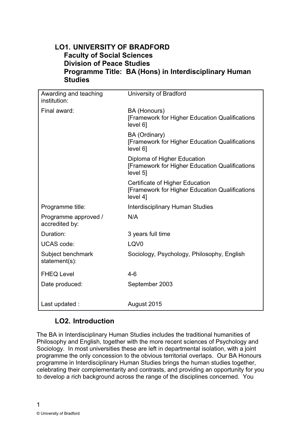 UNIVERSITY of Bradfordfaculty of Social Sciences Division of Peace Studiesprogramme Title