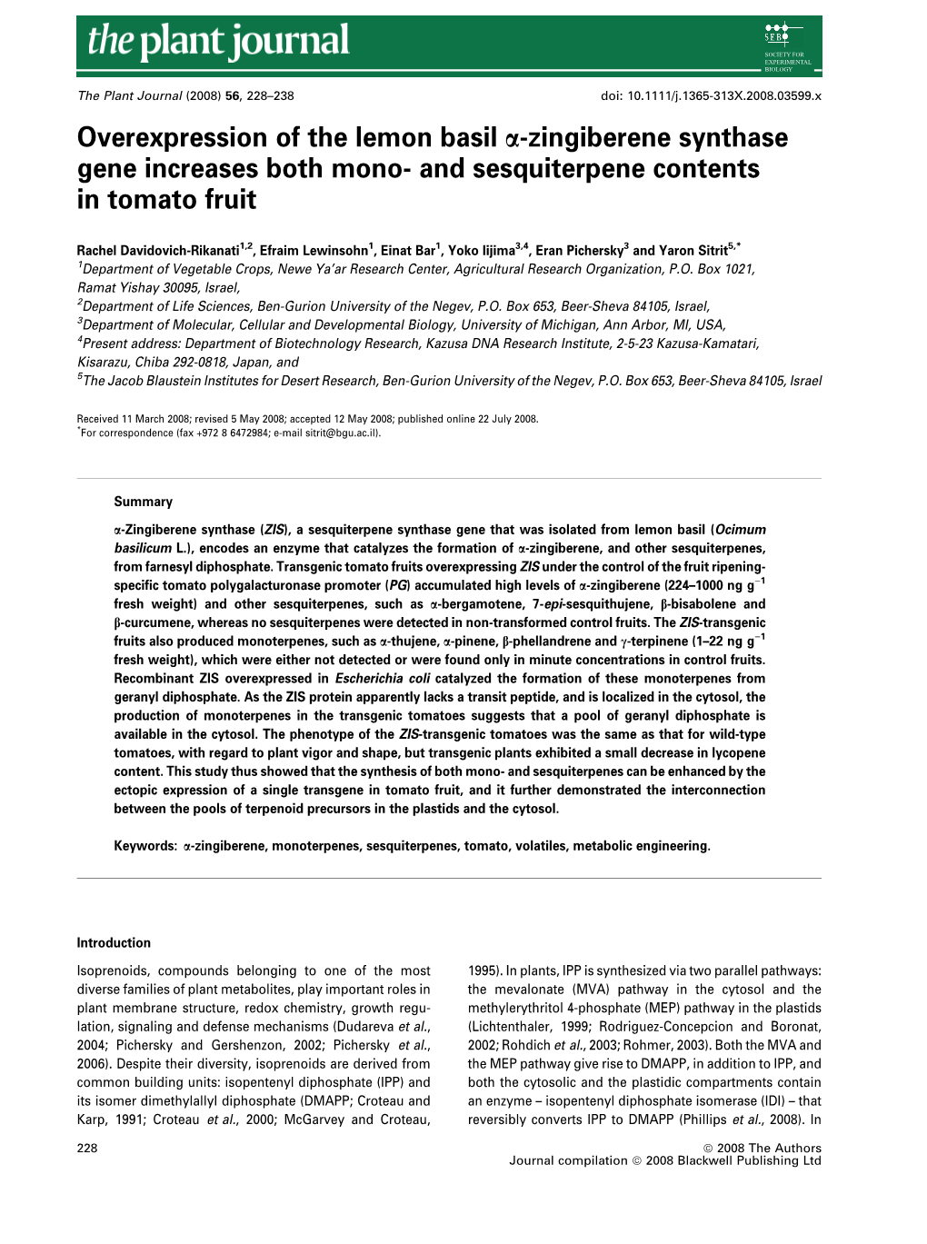 Overexpression of the Lemon Basil Α-Zingiberene Synthase Gene