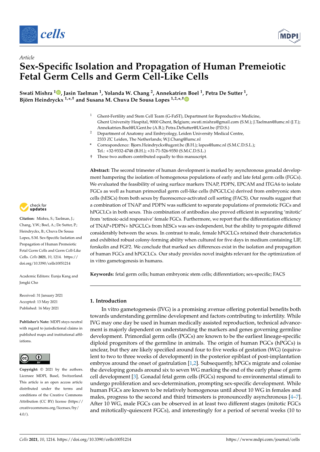 Sex-Specific Isolation and Propagation of Human Premeiotic