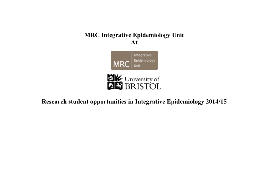 MRC Integrative Epidemiology Unit at Research Student Opportunities In