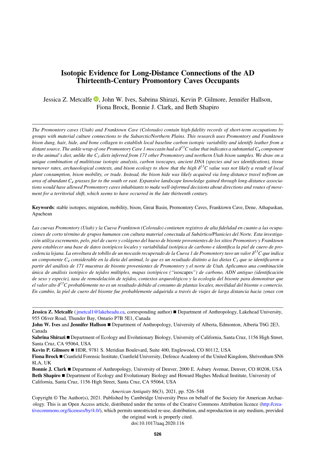 Isotopic Evidence for Long-Distance Connections of the AD Thirteenth-Century Promontory Caves Occupants