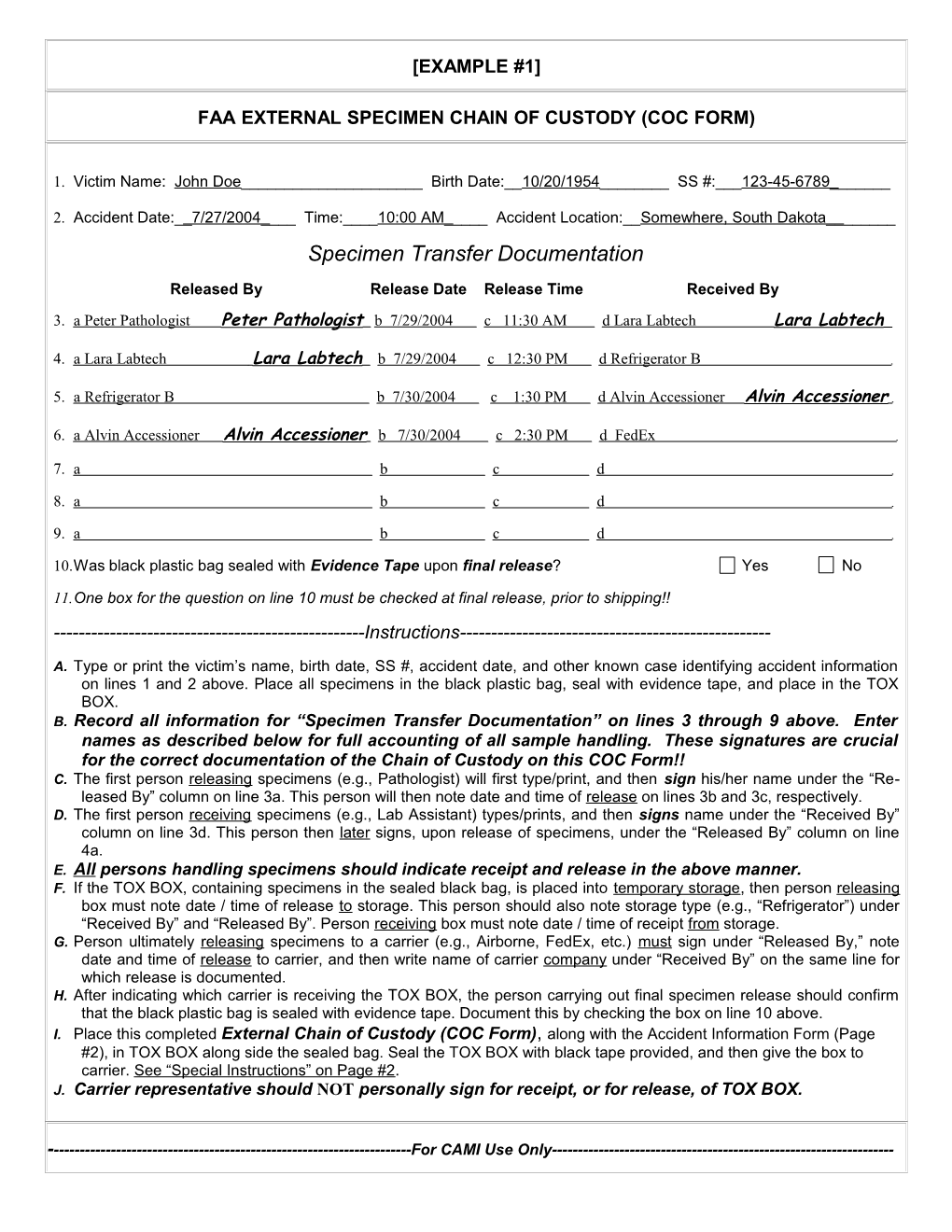 Faa External Specimen Chain of Custody (Coc Form)