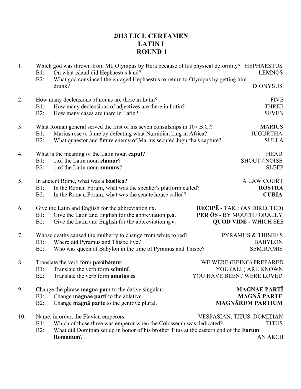 2013 Fjcl Certamen Latin I Round 1