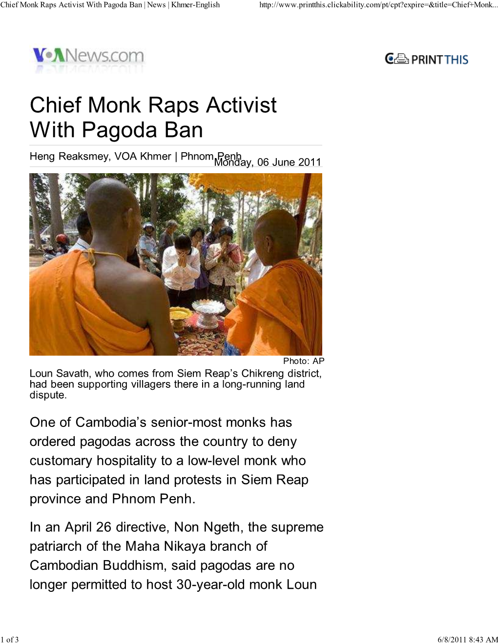 Chief Monk Raps Activist with Pagoda Ban | News | Khmer-English