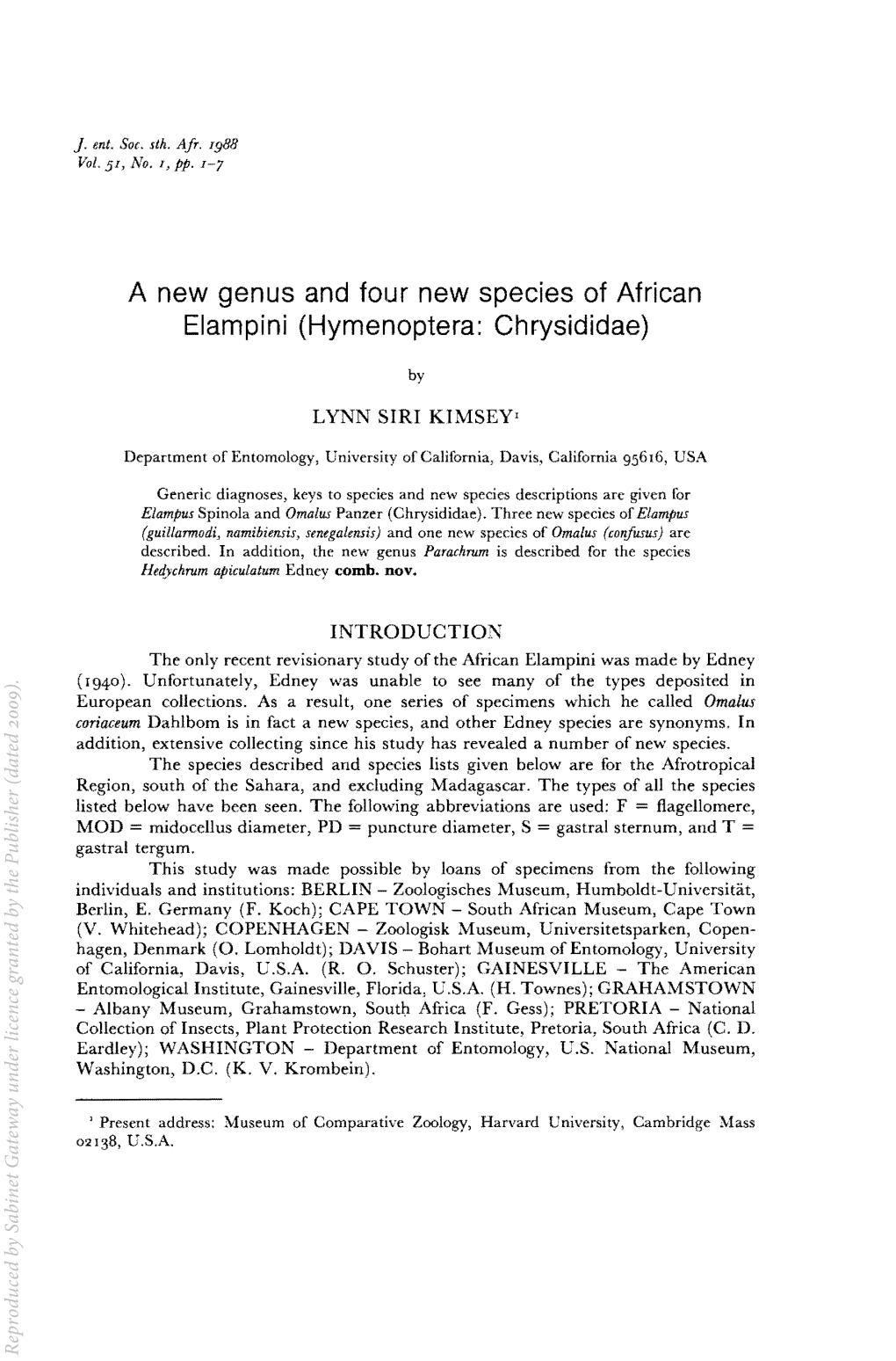 A New Genus and Four New Species of African Elampini (Hymenoptera: Chrysididae)