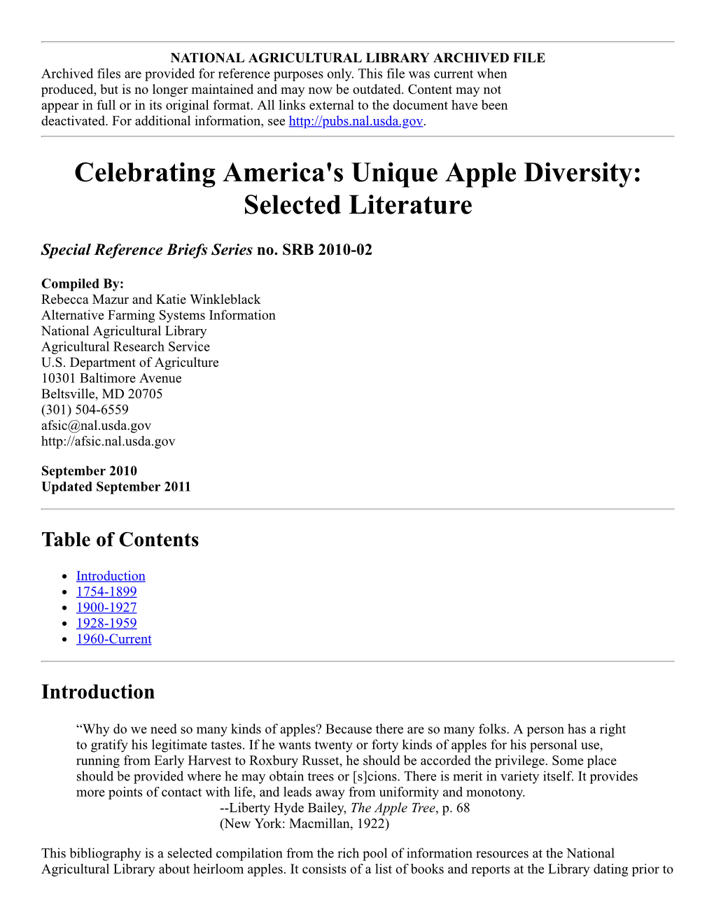 Celebrating America's Unique Apple Diversity: Selected Literature