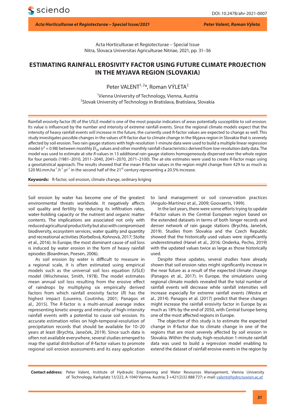 Estimating Rainfall Erosivity Factor Using Future Climate Projection in the Myjava Region (Slovakia)