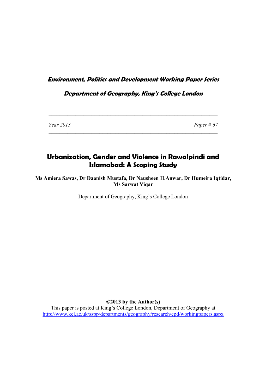 Urbanization, Gender and Violence in Rawalpindi and Islamabad: a Scoping Study