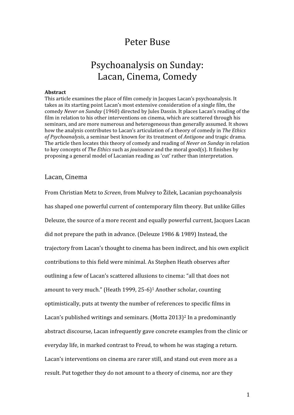 Peter Buse Psychoanalysis on Sunday: Lacan, Cinema, Comedy