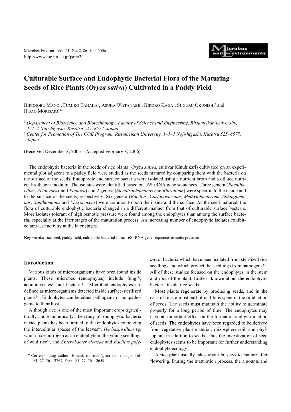 Culturable Surface and Endophytic Bacterial Flora of the Maturing Seeds of Rice Plants (Oryza Sativa) Cultivated in a Paddy Field