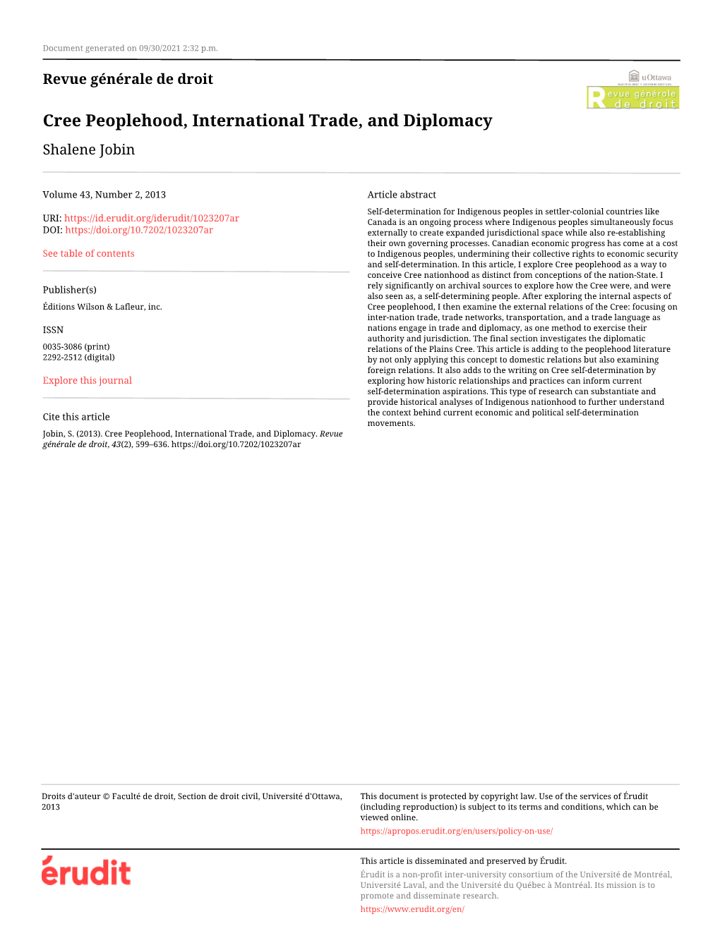 Cree Peoplehood, International Trade, and Diplomacy Shalene Jobin