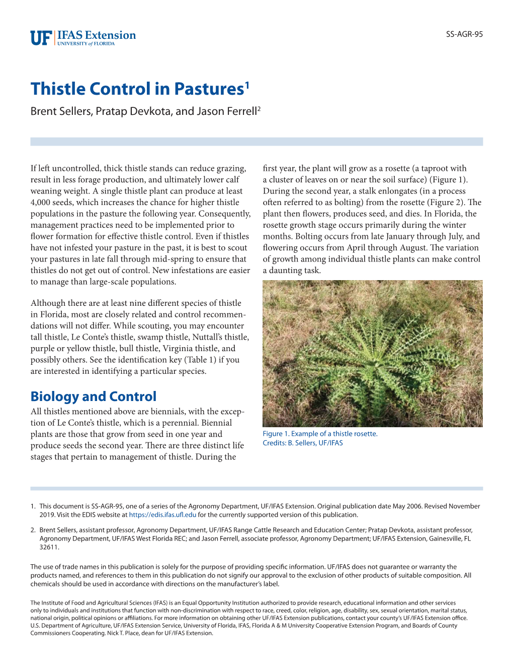 Thistle Control in Pastures1 Brent Sellers, Pratap Devkota, and Jason Ferrell2