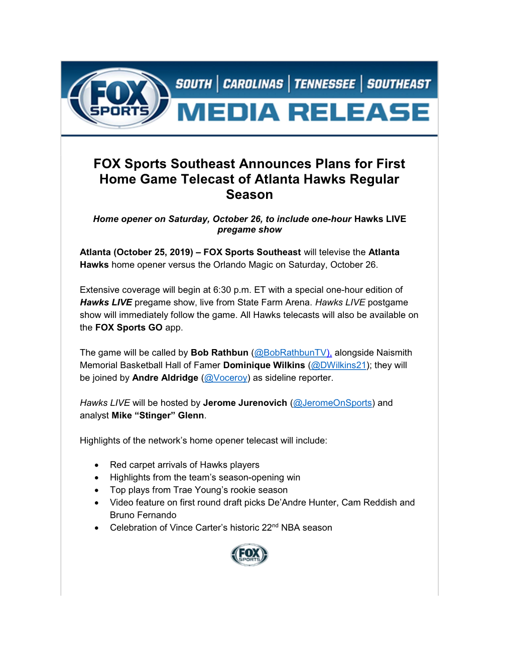 FOX Sports Southeast Announces Plans for First Home Game Telecast of Atlanta Hawks Regular Season