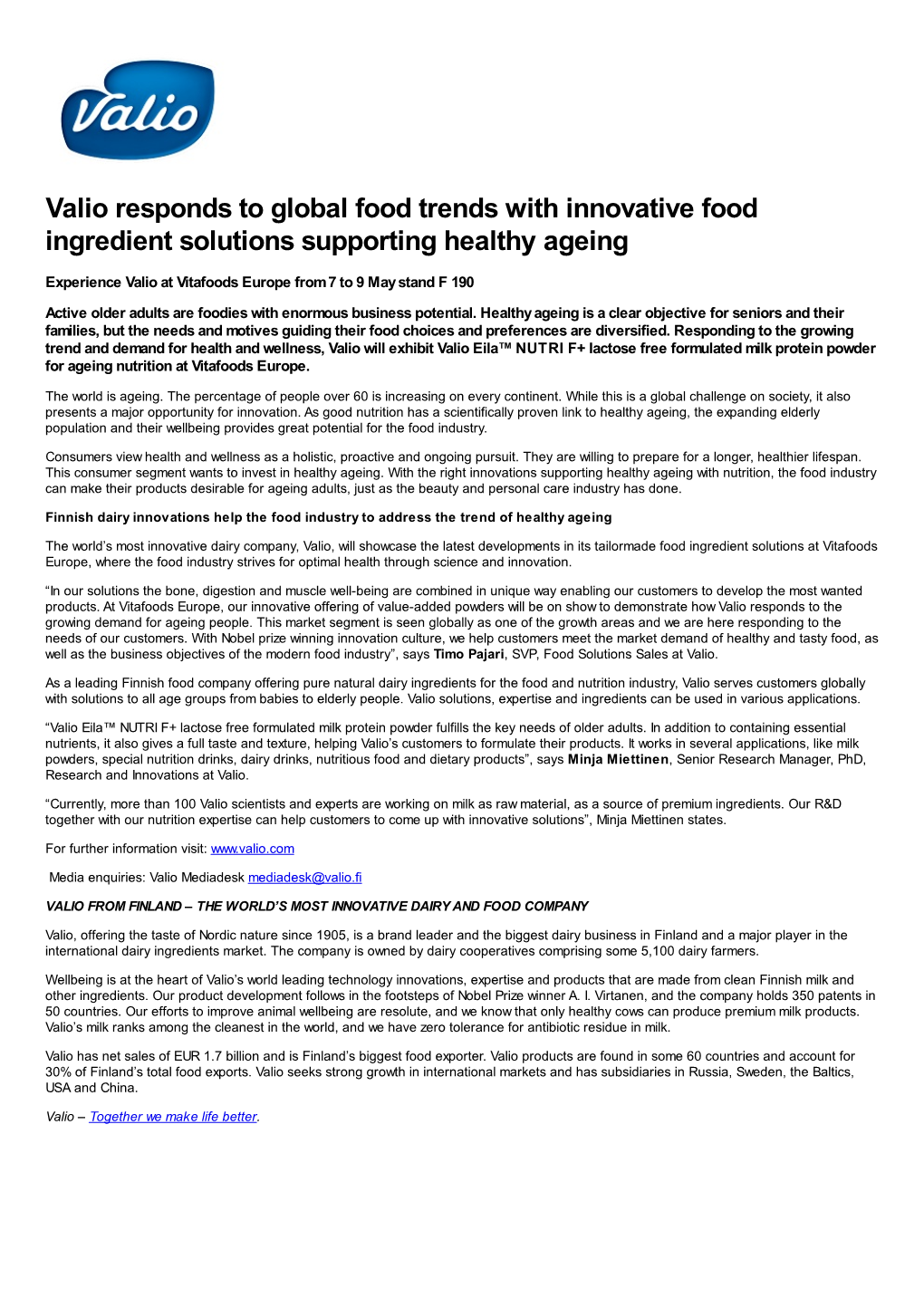 Valio Responds to Global Food Trends with Innovative Food Ingredient Solutions Supporting Healthy Ageing