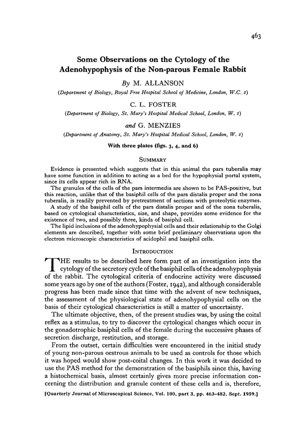 Some Observations on the Cytology of the Adenohypophysis of the Non-Parous Female Rabbit by M