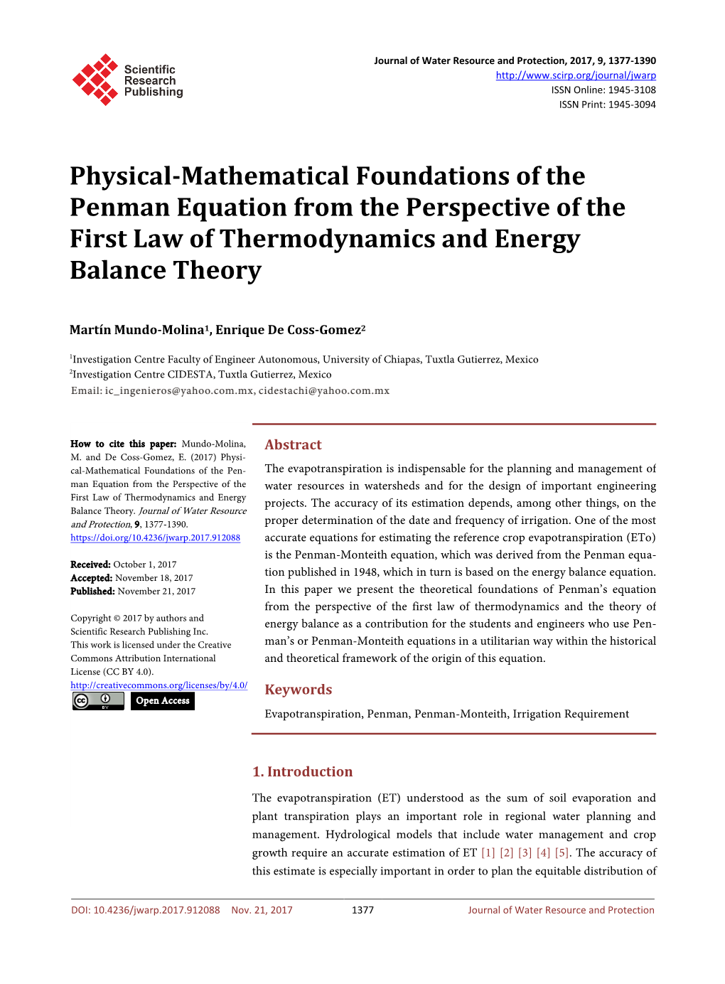 Physical-Mathematical Foundations of the Penman Equation from the Perspective of the First Law of Thermodynamics and Energy Balance Theory