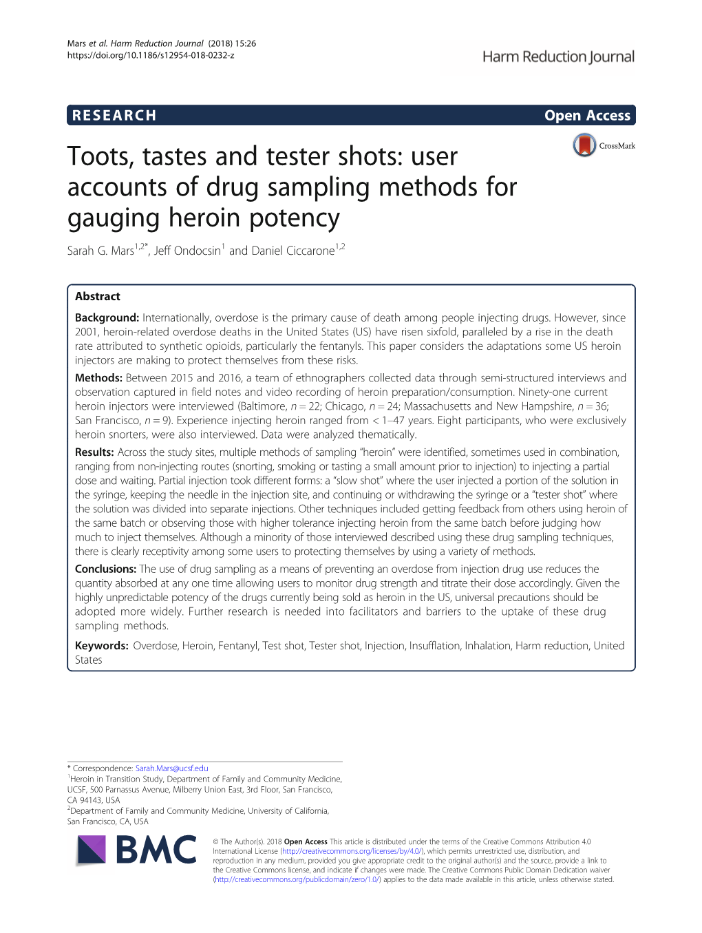 Toots, Tastes and Tester Shots: User Accounts of Drug Sampling Methods for Gauging Heroin Potency Sarah G