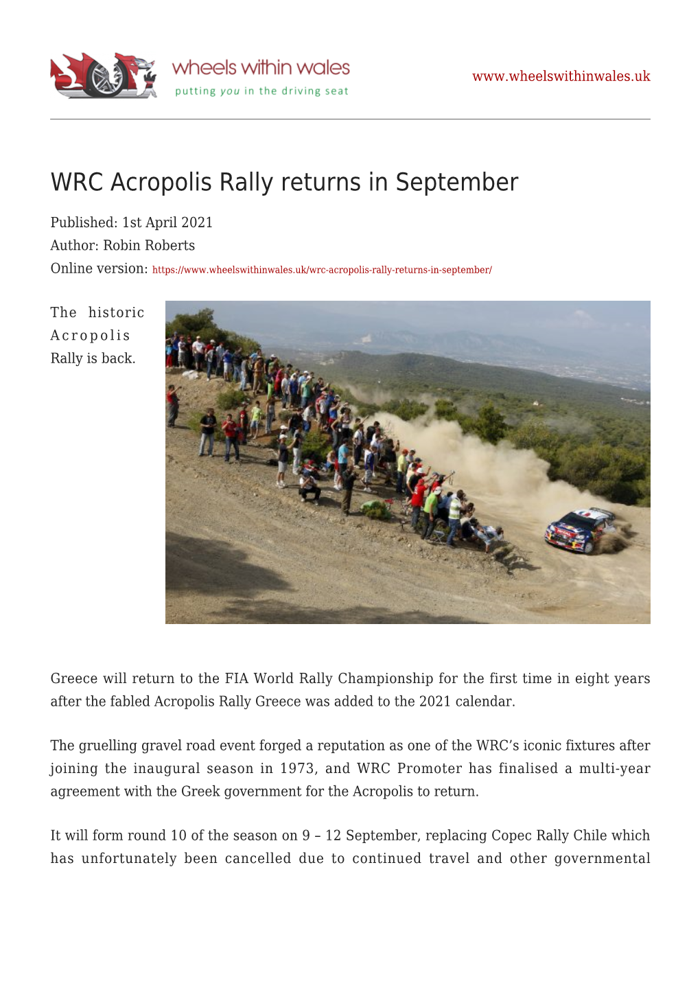 WRC Acropolis Rally Returns in September