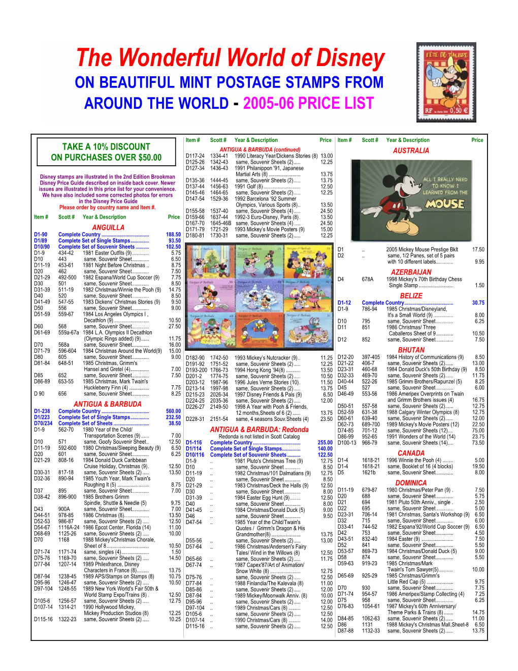 The Wonderful World of Disney on BEAUTIFUL MINT POSTAGE STAMPS from AROUND the WORLD - 2005-06 PRICE LIST