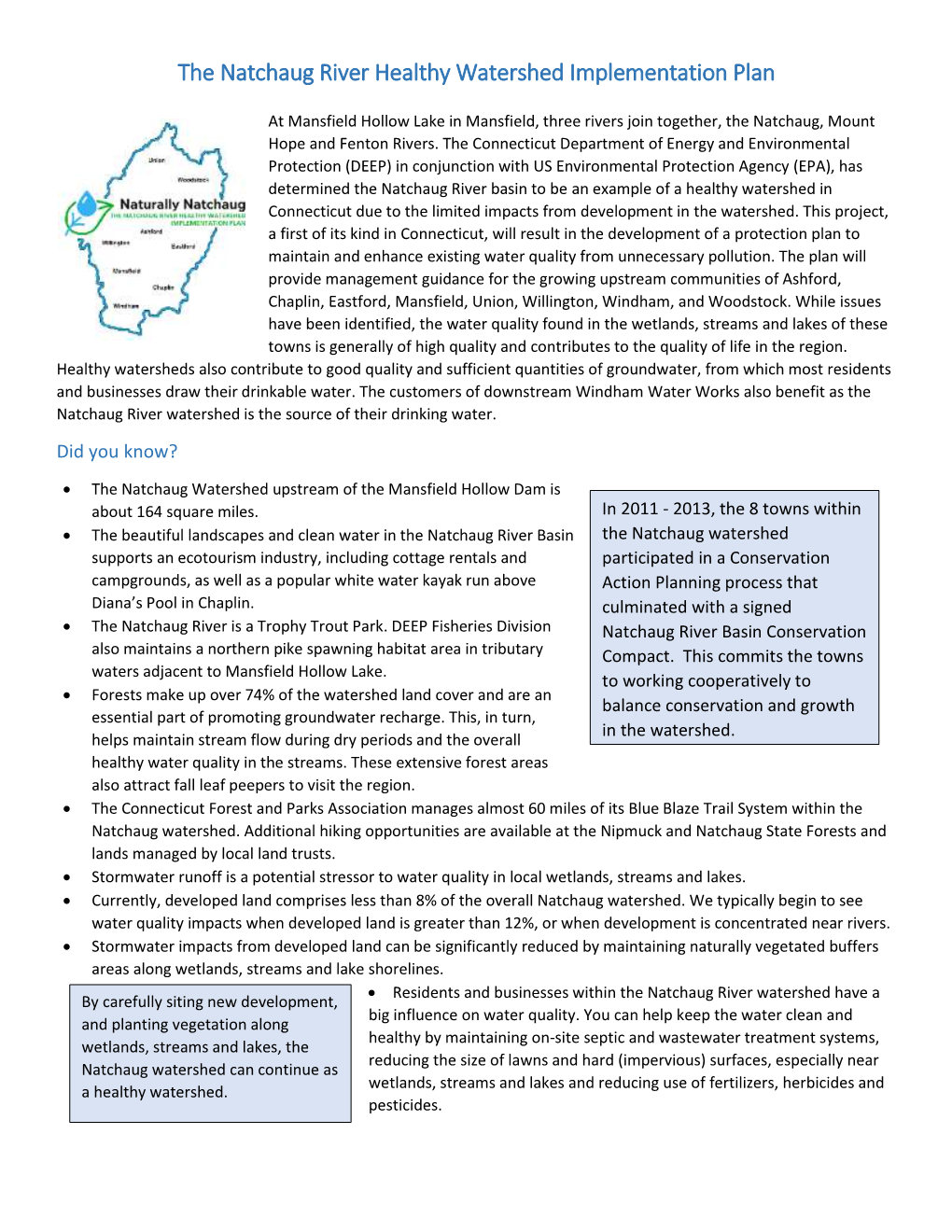 The Natchaug River Healthy Watershed Implementation Plan