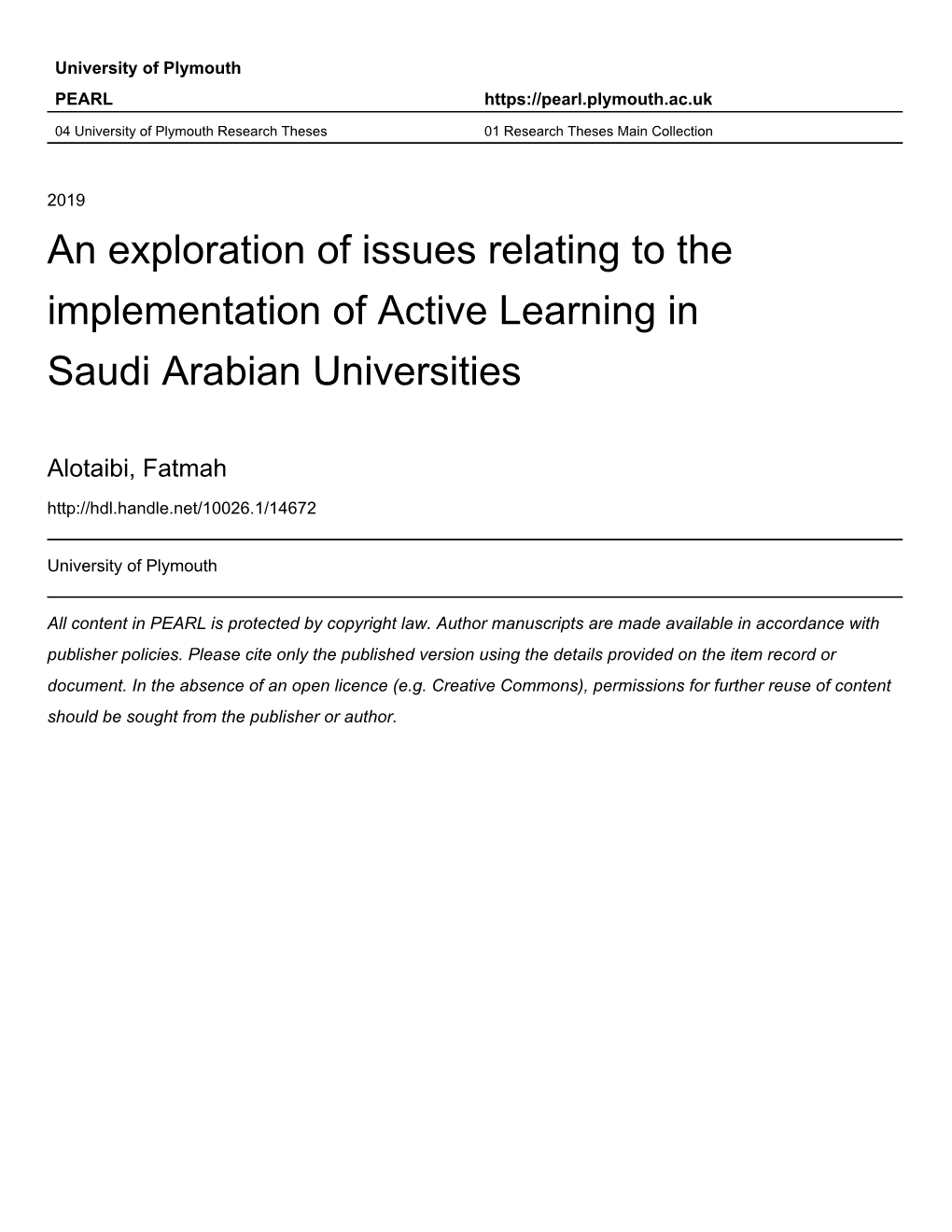 An Exploration of Issues Relating to the Implementation of Active Learning in Saudi Arabian Universities