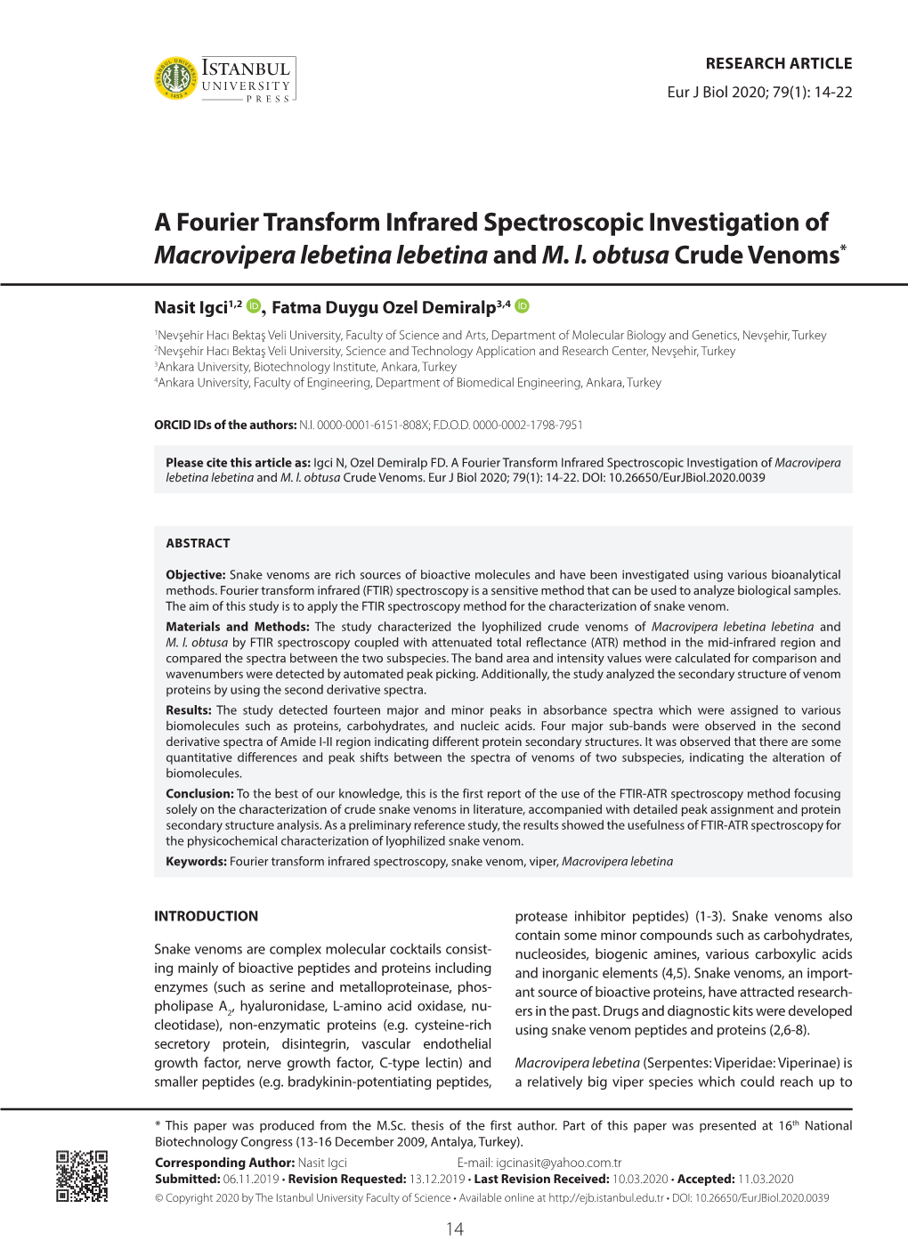 A Fourier Transform Infrared Spectroscopic Investigation of Macrovipera Lebetina Lebetina and M
