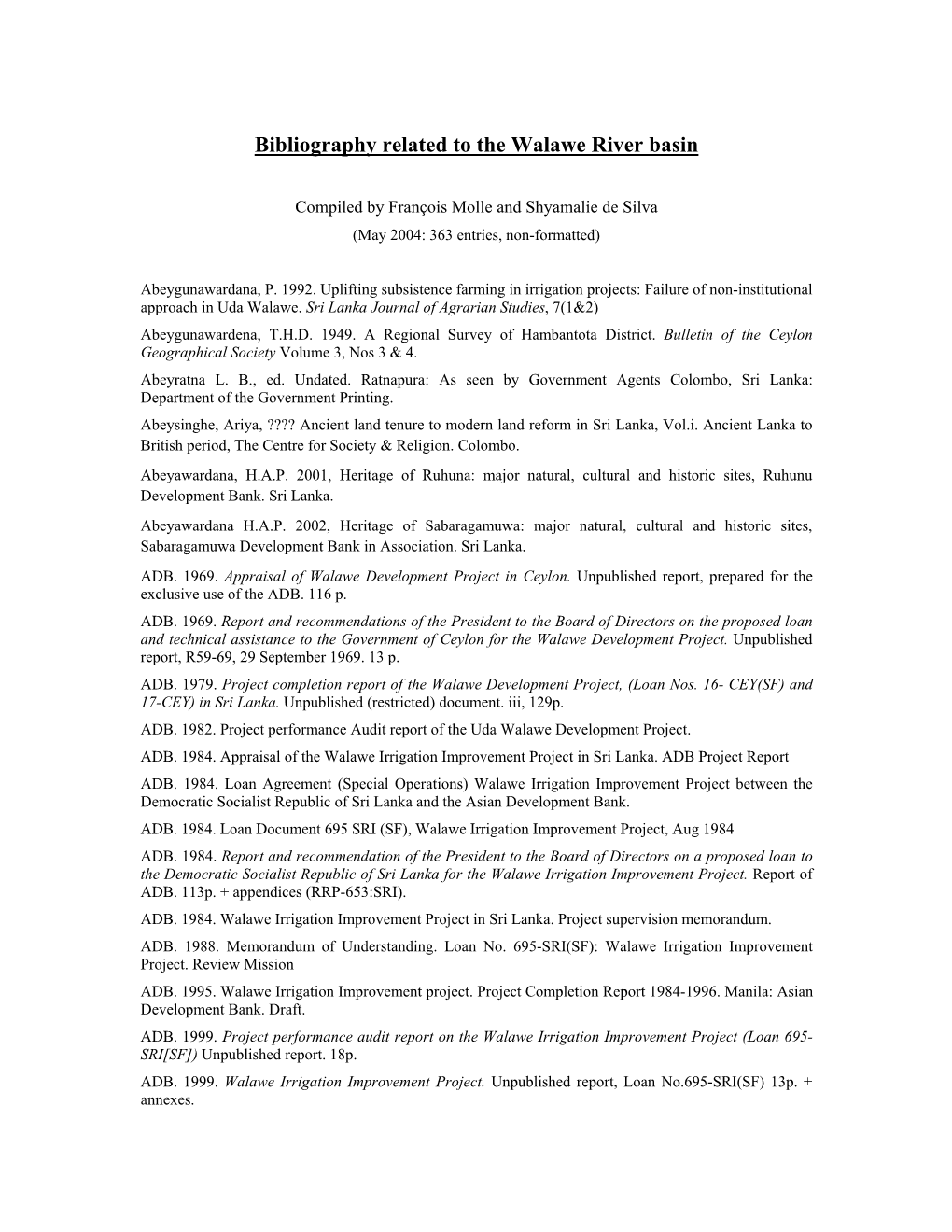 Bibliography Related to the Walawe River Basin