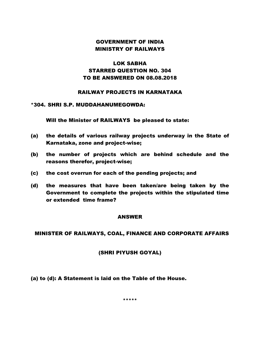 Government of India Ministry of Railways Lok Sabha