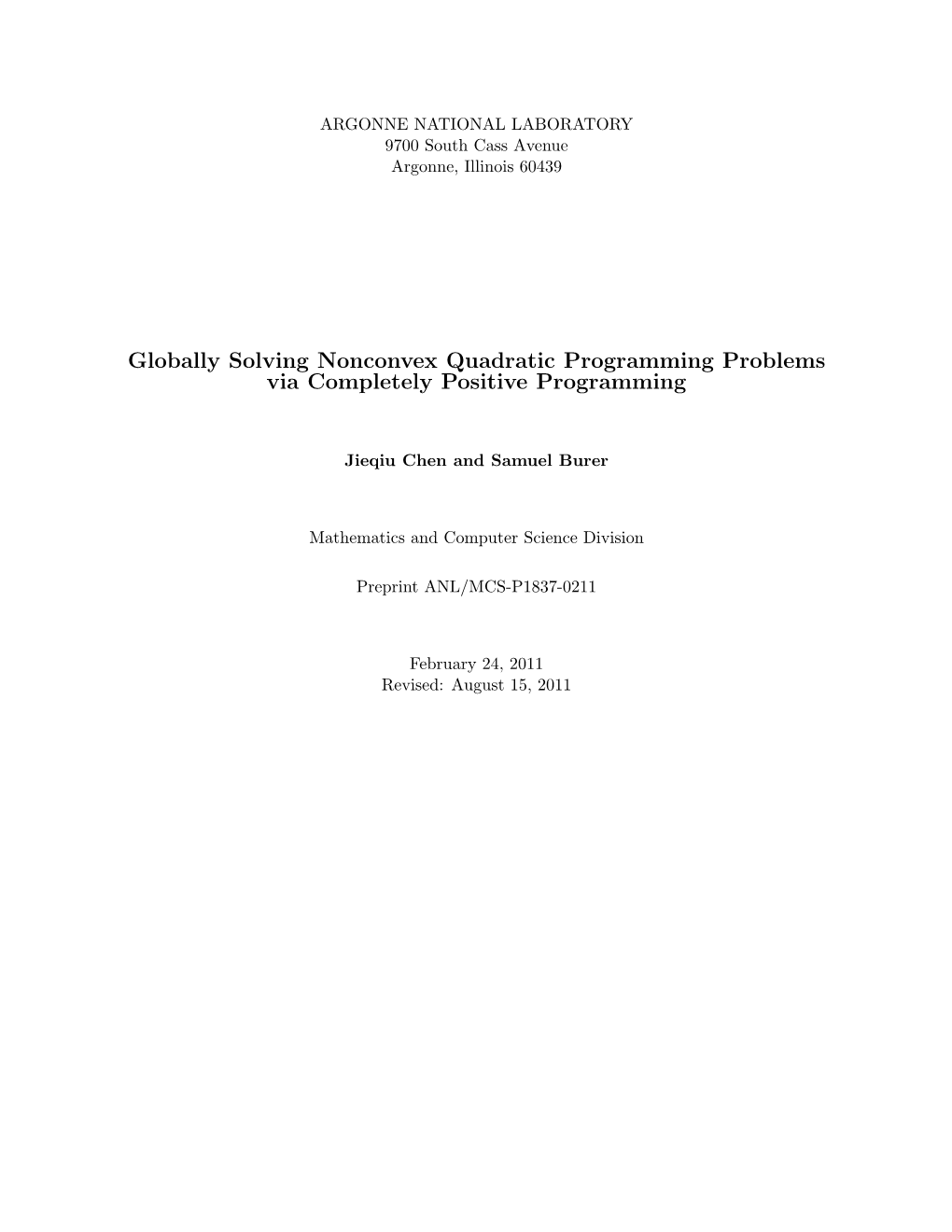 Globally Solving Nonconvex Quadratic Programming Problems Via Completely Positive Programming