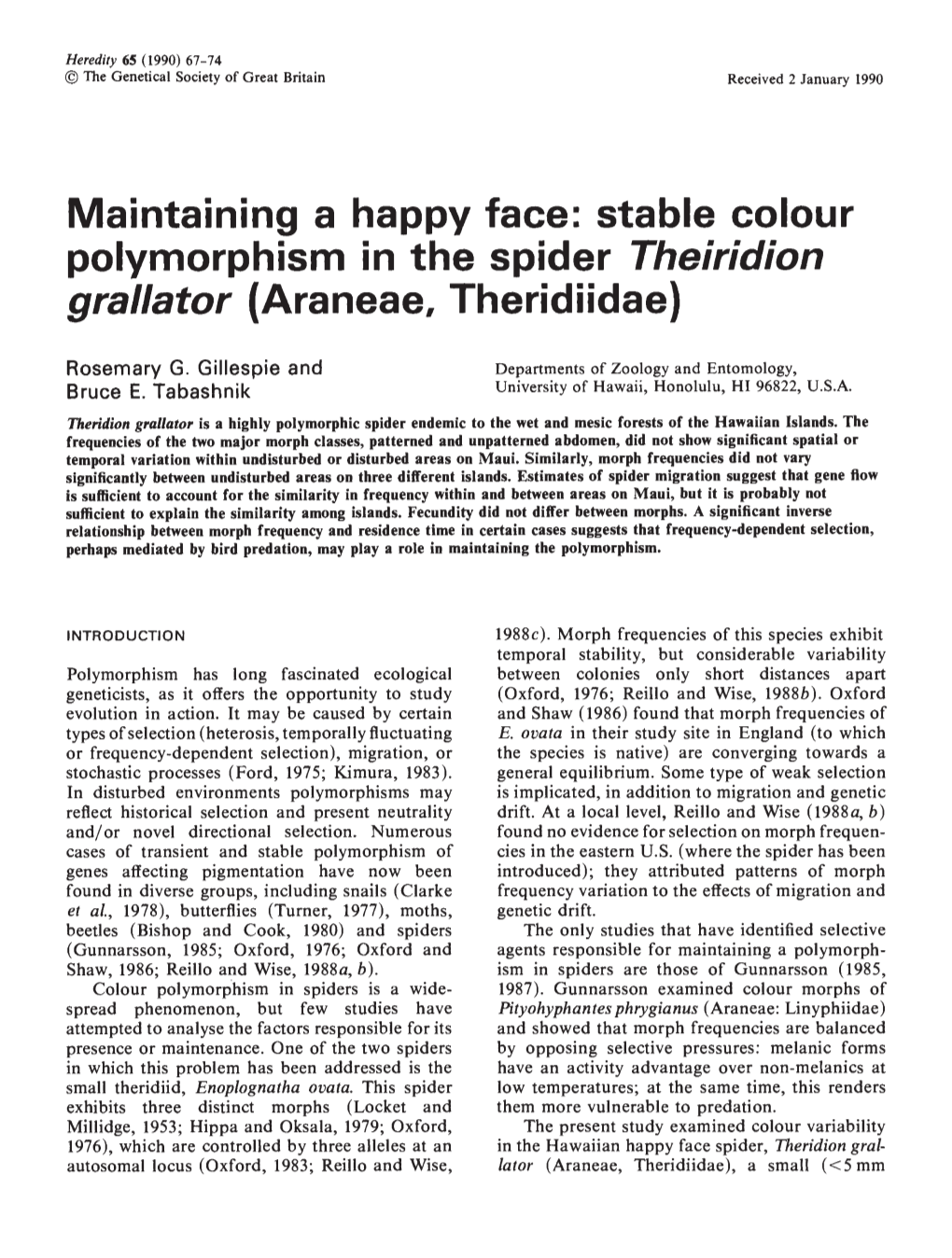 Maintaining a Happy Face: Stable Colour Polymorphism in the Spider Theiridion Grallator (Araneae, Theridiidae)